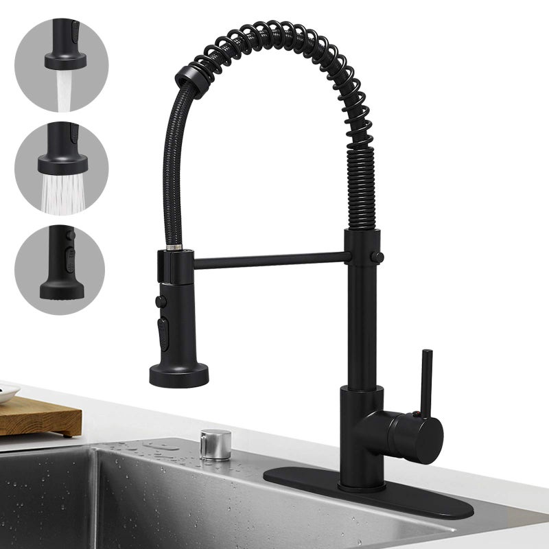 Hoimpro Matte Black Spring Kitchen Faucet with Pull Down Sprayer, Rv Kitchen Sink Faucets with Pull-Down Sprayer, 3 Function Single Handle Laundry Faucet - Image 1